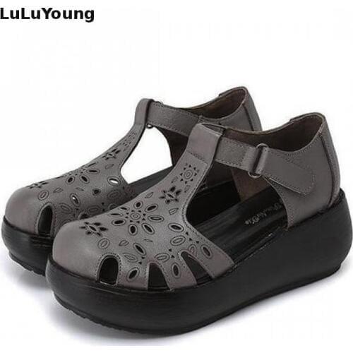 Hollow-out Genuine Leather Platform Sandals Womens Round Head Summer Hig Heel Wedges Leisure Cowskin Shoes