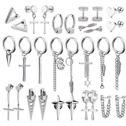 Punk Stainless Steel Stud Earrings for Men/Women Small Cross Pendant Long Tassel Egrunge Earrings Gothic Korean Kpop Bts Jewelry