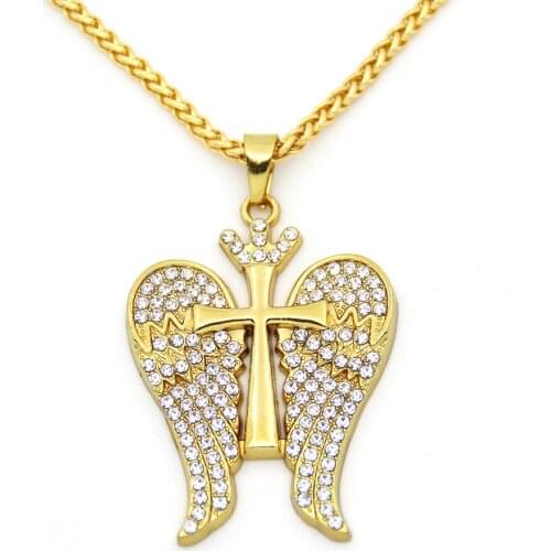 Stylish Hip Hop Men Necklace Copper Zircons Crown Angel Wing Cross Charms Pendant Necklace Gift Jewelry