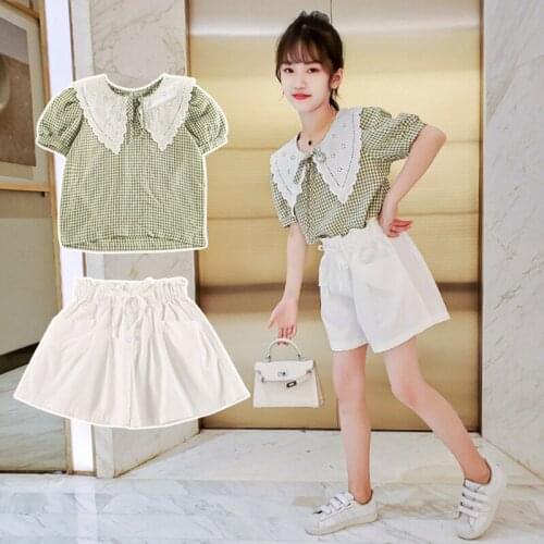 Teenager Girl Clothes Summer Kids Fashion Lace Plaid Tops Shorts Two Piece Set Children Suit Girls Outfits 4 5 8 9 10 12 Years