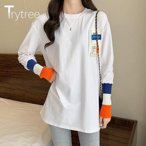 Trytree 2021 AW Women T-shirt Casual Cotton O-Neck Personalized Labels Colorful Elastic Cuffs Loose Tops For Women Dropshipping