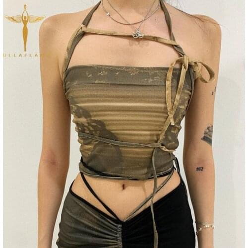 Ullaflamo Olive Off Shoulder Women Sexy Crop Top Bandage Hollow Out Front Cross Female Camisole Backless Streetwear Camis Tops