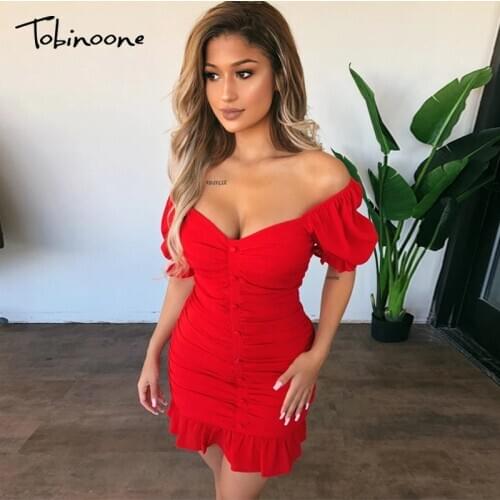 Tobinoone Ruffles Deep V Neck Button Summer Dress Women Pleated Backless Party Sexy Dresses Female Elegant Short Bodycon Dress