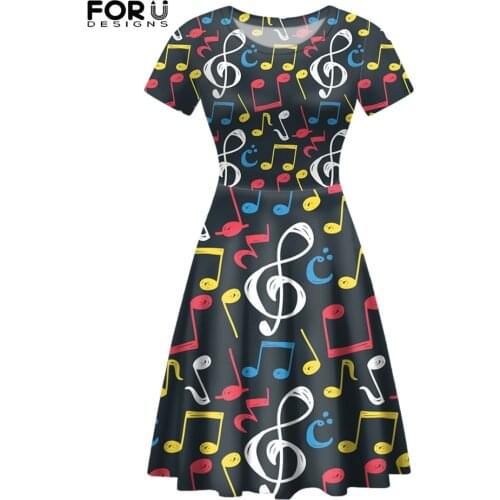 FORUSEDIGNS Musical Note Pattern Womens Short Sleeves Dress Summer Elegant O-Neck Breathable Party Female Skirt Vestidos Ropa