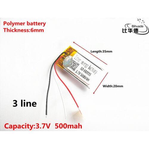 3 line Good Qulity 3.7V,500mAH,602035 Polymer lithium ion / Li-ion battery for TOY,POWER BANK,GPS,mp3,mp4