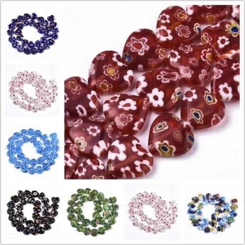 5 Strands Heart Shape Handmade Millefiori Lampwork Beads Mixed Flower Pattern Lampwork Heart Glass Beads for DIY Jewelry Making