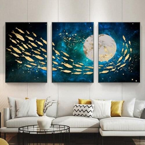 Golden Fish Moon Abstract Wall Poster Modern Style Canvas Print Painting Contemporary Art Living Room Entrance Decoratio Picture