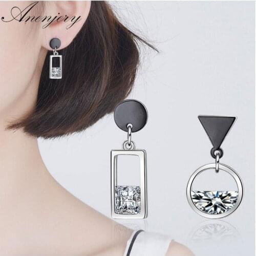 ANENJERY 925 Sterling Silver Earrings Spring Water Zircon Gun Black Color Circle Square Asymmetric Tassel Earrings S-E518