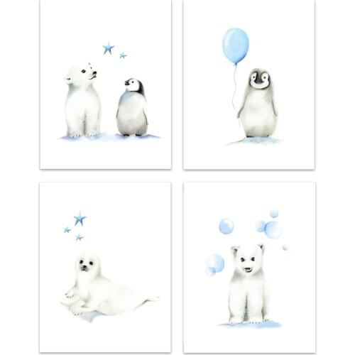Arctic Penguin Bear Sea Lion Friends Wall Art Print Canvas Painting Nordic Poster Bubble Star Wall Pictures Baby Kids Room Decor