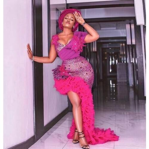 Aso Rbi Style 2020 Fashion Evening Dress Lace V Neck Split Tulle Nigerian Prom Dresses Plus Size African Women Party Gowns