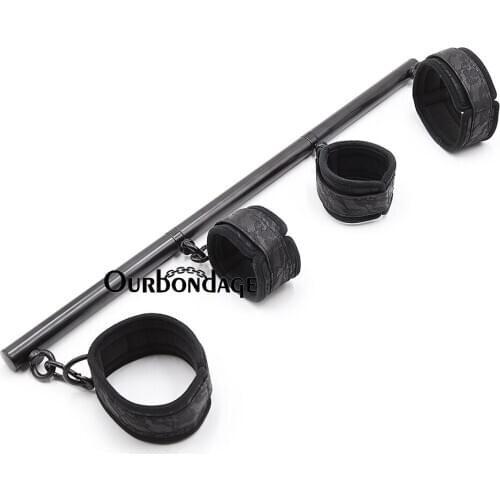 Ourbondage Metal Stick Detachable BDSM Spreader Bar Black Nylon Strap Handcuffs Ankle Cuffs with Collar Set Sex Toy For Couples