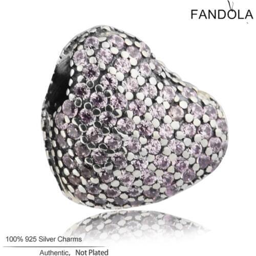 100% Real 925 Sterling Silver Pink Crystal Open My Heart Charms Beads Fits Original Bracelets Women DIY Jewelry Making