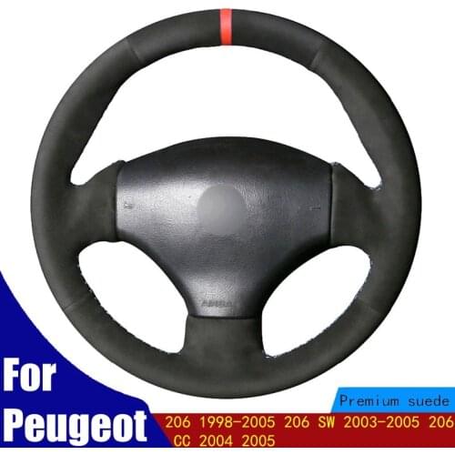 DIY Hand-stitched Car Steering Wheel Cover Black Suede Red Marker For Peugeot 206 1998-2005 206 SW 2003-2005 206 CC 2004 2005