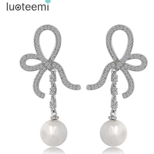 LUOTEEMI Hot Popular Luxury AAA Simulated-Pearl Long Dangle Earring for Women Fancy Wedding Jewelry