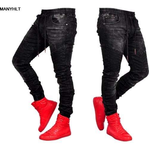 European And American New Mens Black Jeans Fashion Elastic Waist Denim Trousers Casual Pants Embroidered Feet Pants Sweatpants