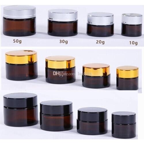 10/20/30/50ml Amber Glass Jars Skin Care Cream Bottle Cosmetic Container with Inner Liners and Gold/silver/black Lid 0328