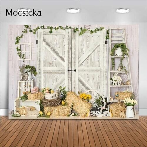 Farm Warehouse Newborn Kids Portrait Backdrop for Photography Animals Barn Door Chicken Cow Photo Background Rustic Wood Wall