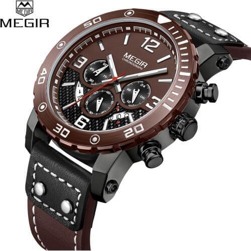 MEGIR Chronograph Quartz Watch Sport Mens Watches Leather Business Casual Wrist Watch Clock Men Creative Army Military Relogio