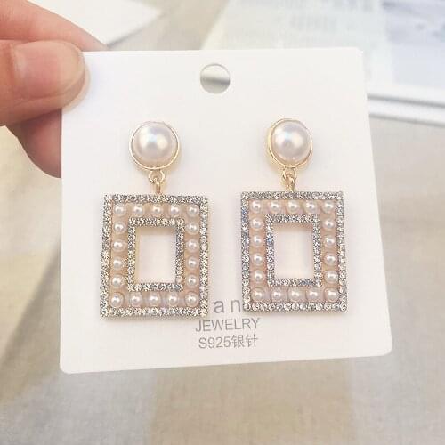 Fashion Atmospheric Earrings Super Flashing Pearl Hollow Rectangular Earrings Personality Wild Earrings Female Jewelry Gifts