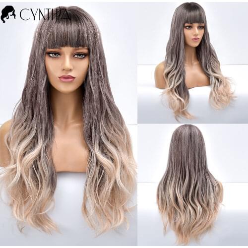 Long Wavy Blonde Daily Ombre Synthetic Wig With Bangs For Black White Women Heat Resistant Natural Colorful Fiber Cosplay Wigs
