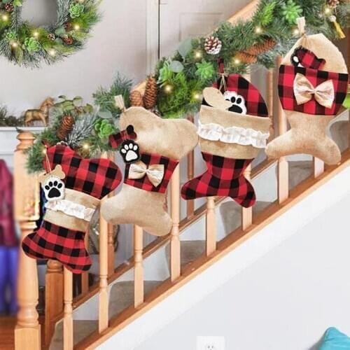 Christmas Pet Stockings, Hanging Ornament, Cat Dog Plaid Fish Bow Bone Tassels Gift Reusable Bag
