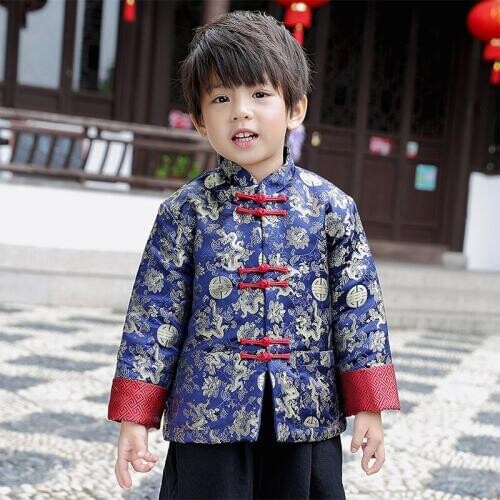 Tang Cheongsam C Long Sleeve Loose Coat Blue New Year Costumes For Kids Boy Chinese Qipao Children Chinese Style Winter Coat