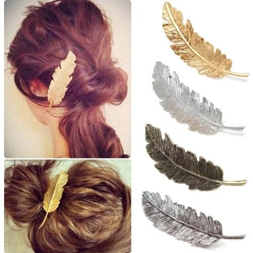 Children Girl Feather Hair Clip Retro Exaggerate Alloy Feather and Leaf Shaped Spring Barrettes for Girl Ponytail Hair Accessory