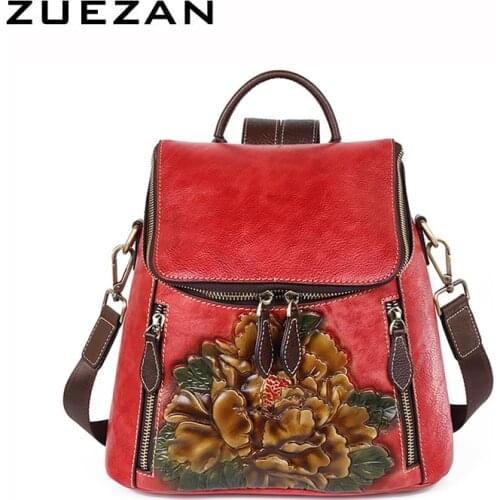 Women Genuine Leather Backpack, Girls Everyday School Pack, 3 Dimensional Embossed Flower,Vegetable tanned leather, LY005