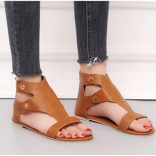 Retro Women Gladiator Flat Sandals 2021 Ankle Wrap Zipper Ladies Peep Toe Hollow Out Beach Shoes Fashion Female Footwear