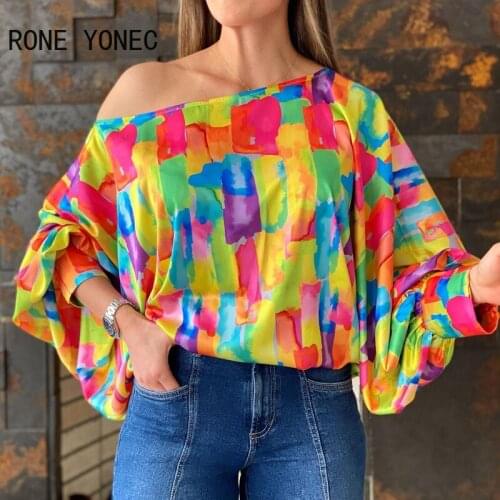 Women Shirt Lantern Sleeve Colorblock Top Slash Neck Casual Blouse Top