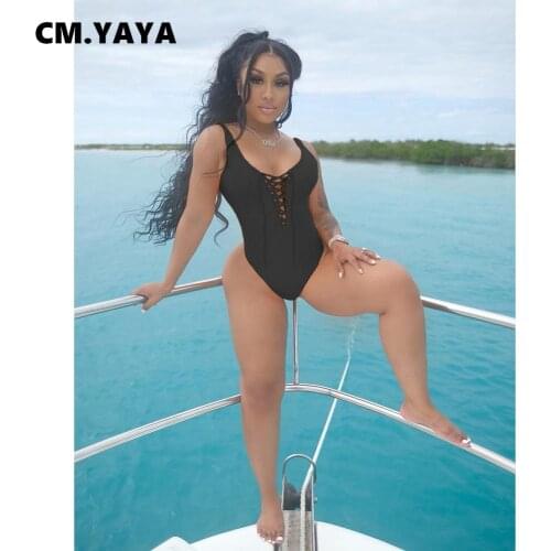 CM.YAYA Women Bodysuit Solid Sleeveless O-neck Lace Up Strechy Bodysuits Sexy Swimsuit Fashion Beachwear Summer Outfits 2021