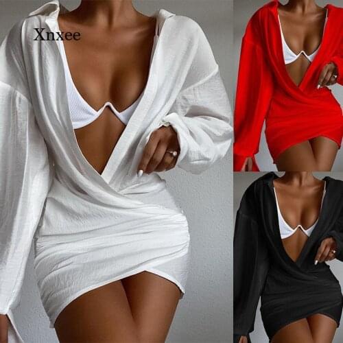 Women Solid Long Sleeve Pencil Dress Spring Summer Turn Down Collar Deep V Neck Sexy Shirt Dresses Slim Elegant Bodycon Clothes