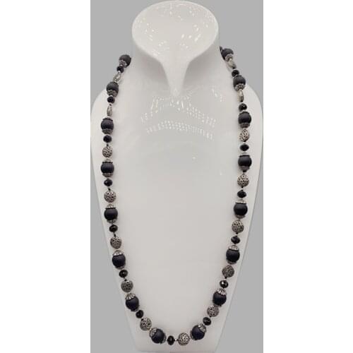 FoLisaUnique 12mm Matte Black Onyx Necklace For Women Hammered Look Antique Silver Beads Long Necklace Casual Jewelry 32 Inch