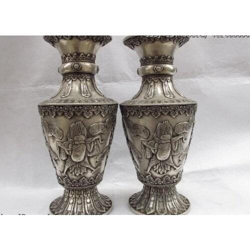 12 Chinese Folk White Copper Silver Garuda Dragon Buddha Bottle Pot Vase Pair