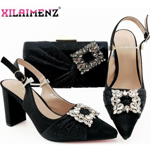 2019 New Design Black Color Italian Shoes with Matching Bags Set Pointed Toe Sandals Shoes Matching Bag for Royal Party