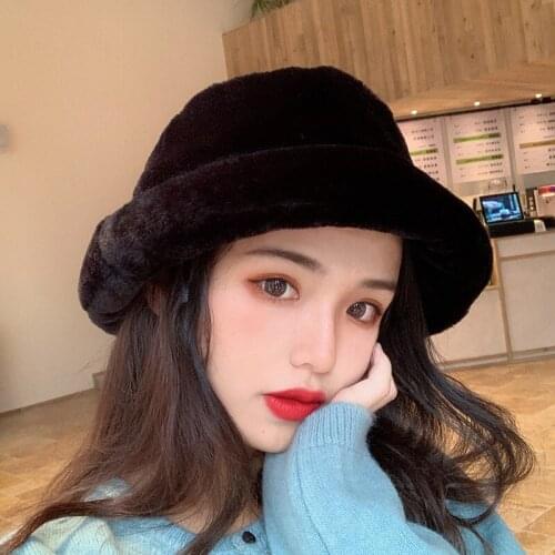 2021 Fashion Artificial Rabbit Fur Bucket Hat Womens Autumn and Winter Warmth Padded Fisherman Hat Panama Plush Basin Hat