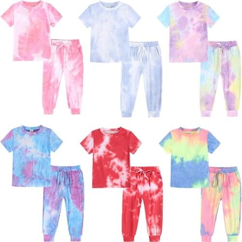 1-8 Year Baby Girls Boys Clothes Suit Fashion Tie Dye Printed Short Sleeve Tops + Pants Toddler Children Tracksuit Clothing Sets
