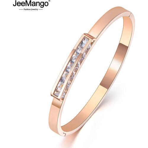 JeeMango Ol Style AAA Cubic Zirconia Cuff Bangles & Bracelet Jewelry White Gold Stainless Steel Wedding Bangle For Women JB19036