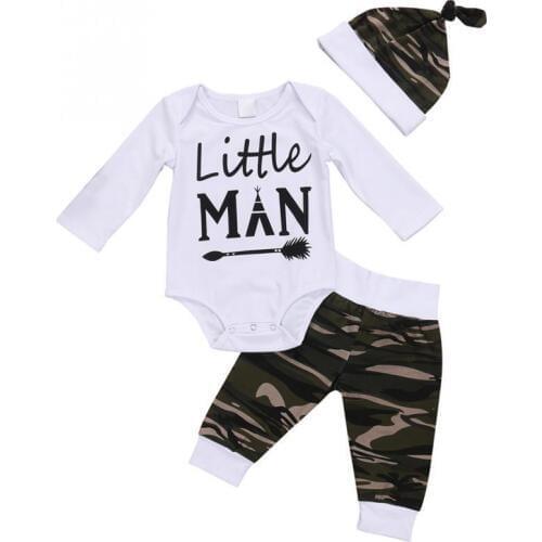 3PCS Sets Newborn Infant Baby Boy Clothes Little Man Printed Tops bodysuit+Pants+Hat Baby Boy Clothing Outfits