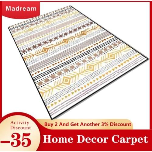 Madream Bohemian Ethnic Style Living Room Carpet Geometric Stripes Light Luxury Rug For Bedroom Golden White Brown Area Home Mat