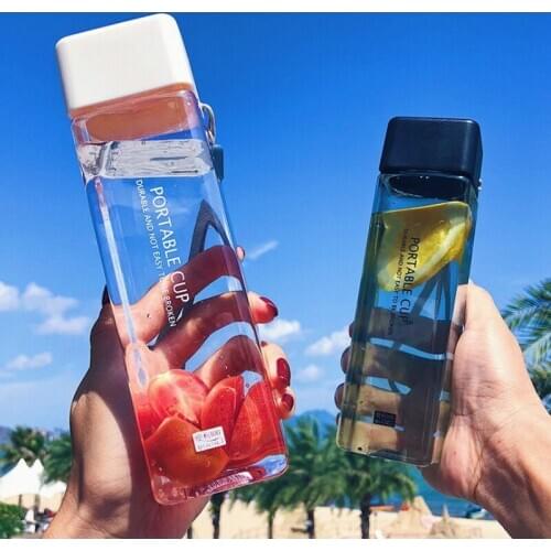 Square Simple Transparent Water Cup Portable Fall Resistant Hand Cup Plastic Personality Leakproof Cover Creative Water Bottle