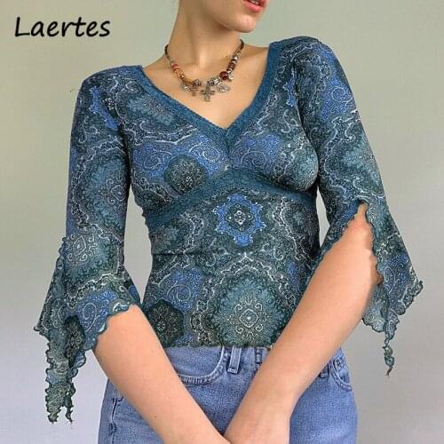 Laertes 2021 Fashion Autumn Women Lace Crop Top Middle Sleeve Floral Pink V Neck Mesh Vintage Female T Shirt Top Clothing