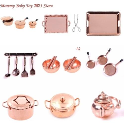 1:12 Scale Dollhouse Miniature Rose Gold Color Frying Pan Cooking Pot Kettle Cookware Kitchen Cooking Kit Dolls Accessories