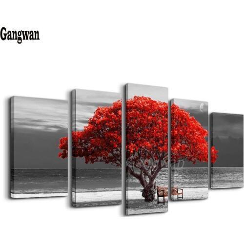5 pcs set Diamond Painting Full Square round stone big red tree and bench landscape diamond rhinestone Embroidery mosaic decor