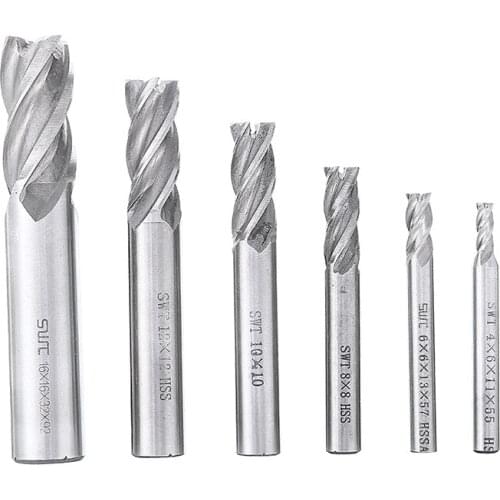 6pcs End Mill Set HSS Metal Milling Cutter Machine Tools 4-16mm 4 Flute Tialn Coated Router Bits For Woodworking
