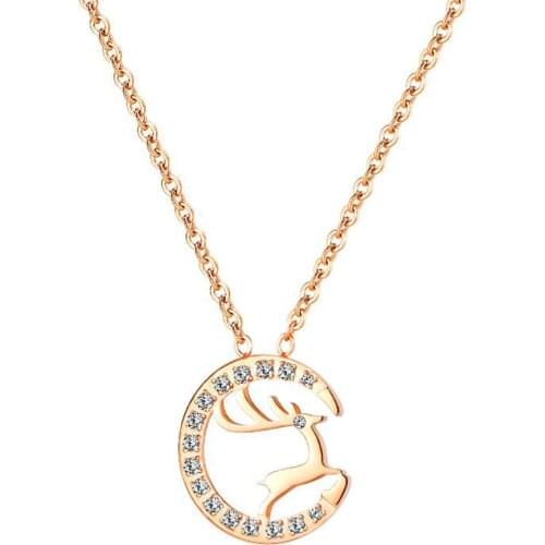 Stainless Steel Minimalism Rose Gold Moon Zircon Stone Pave Elk Deer Pendant Necklace Women Delicate Jewelry Gift For Him