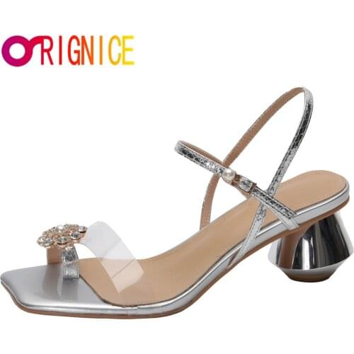 Orignice Cow Leather Transparent PVC Sandals Women Crystal Sexy Pinch Round Heels Buckle Summer Peep Toe Party Wedding Shoes