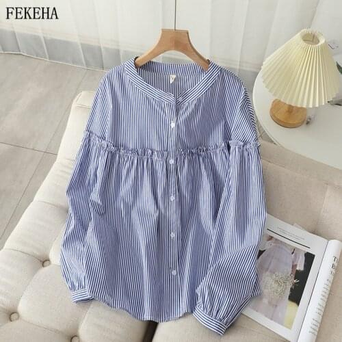 Striped Shirts Women White Blouses Lace Patchwork Pullover Long Sleeve Loose Lady Tops Black Female Clothes Autumn New Arrivals