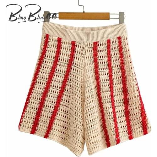 BlingBlingee Za 2021 Summer Autumn Woman Shorts Traf Elastic High Waist Casual Beach Red Striped Open Knit Loose Shorts Female
