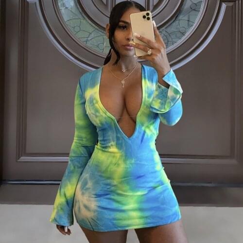 Sexy Deep V Neck Party Dresses Long Sleeve Skinny Bodycon Tie Dye Ladies Tight Colorful Short Mini Dresses Women 2021 Summer